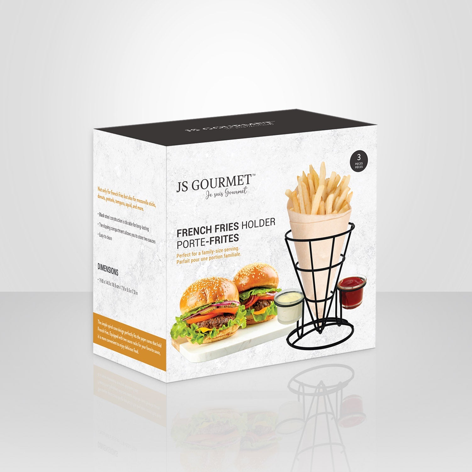 JS Gourmet - Porte-Frites avec 2 Contenants pour Condiment, Acier Noir - Simple Boutique