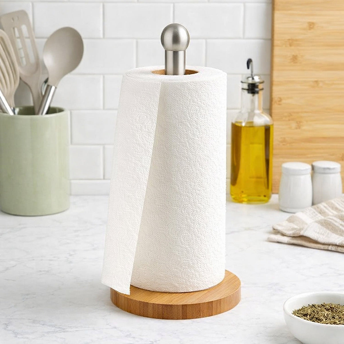 JS Gourmet Porte-rouleau d'essuie-tout en acier inoxydable et bambou - Simple Boutique