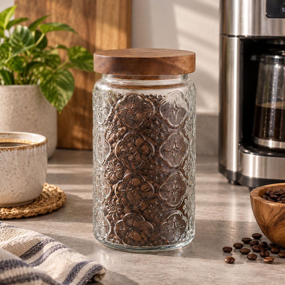 JS Gourmet Pot en verre gaufré 1 L avec couvercle en bois d'acacia à clipser - Lot de 3 - Simple Boutique