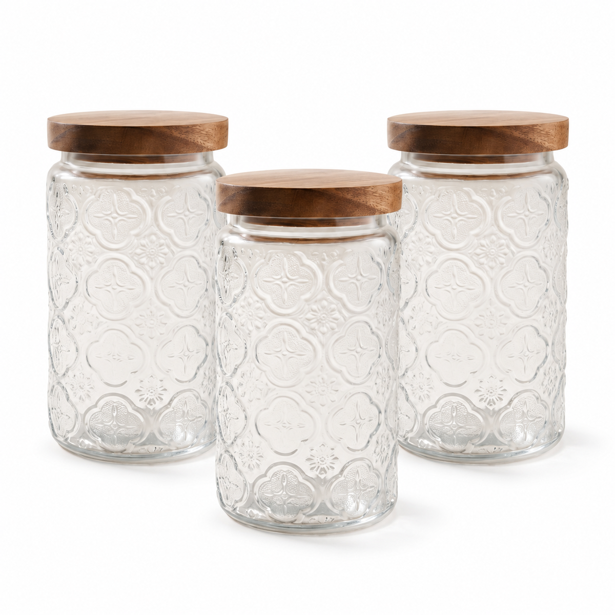 Pot en verre gaufré 1 L avec couvercle en bois d'acacia à clipser — Lot de 3