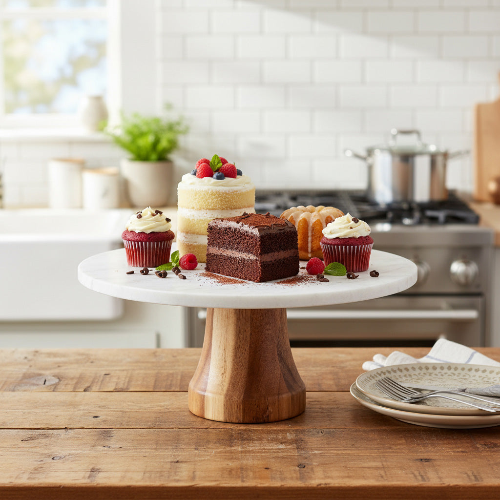 JS Gourmet Présentoir à gâteaux en bois d'acacia et marbre - Simple Boutique