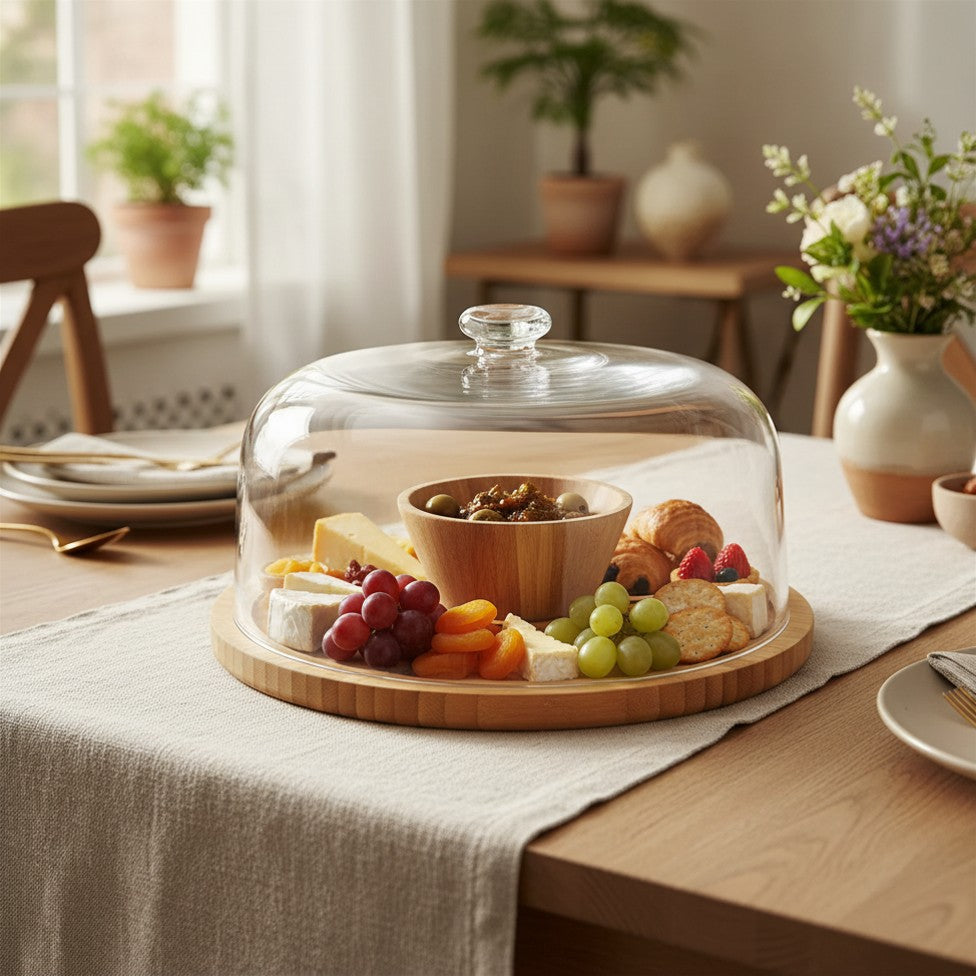 JS Gourmet Présentoir et dôme de service à gâteaux multifonctionnel rond en bois d'acacia - Simple Boutique