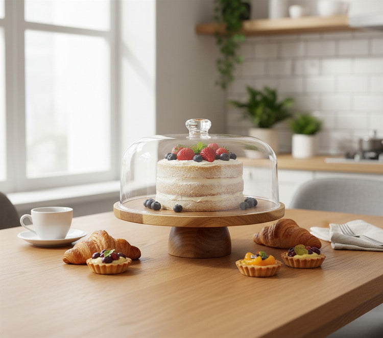 JS Gourmet Présentoir et dôme de service à gâteaux multifonctionnel rond en bois d'acacia - Simple Boutique