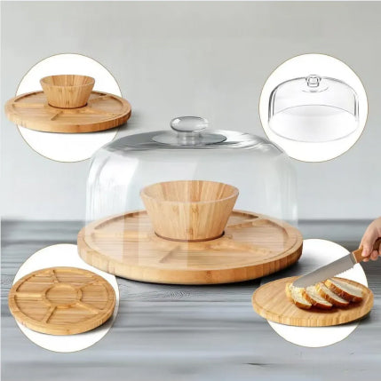 JS Gourmet Présentoir et dôme de service à gâteaux multifonctionnel rond en bois d'acacia - Simple Boutique