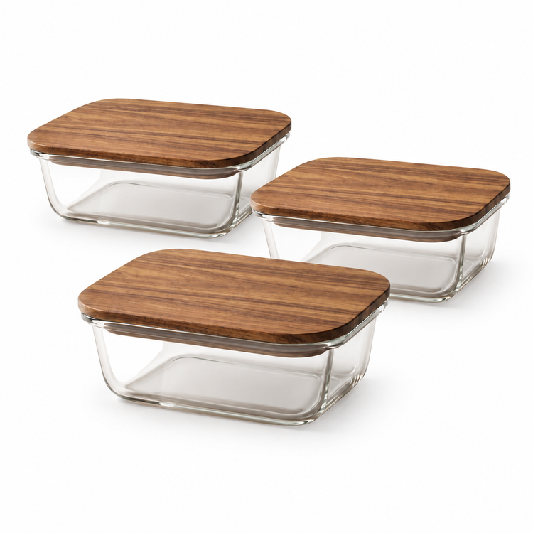 JS Gourmet Récipient alimentaire rectangulaire en verre borosilicaté de 450 ml avec couvercle en bois d'acacia - Lot de 3 - Simple Boutique