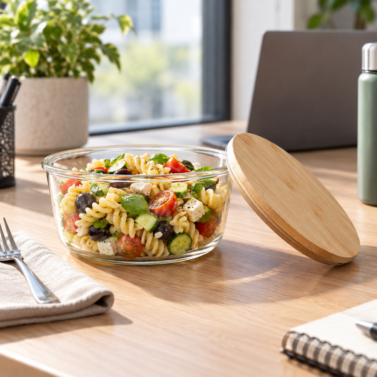 JS Gourmet Récipient alimentaire rond en verre borosilicaté avec couvercle en bambou - 1300 ml - Lot de 3 - Simple Boutique