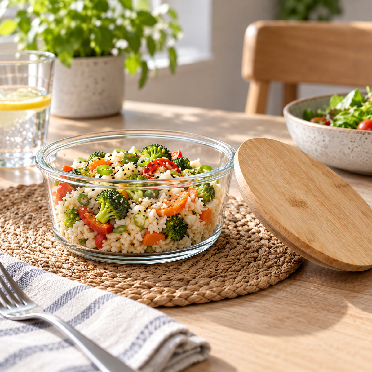 JS Gourmet Récipient alimentaire rond en verre borosilicate avec couvercle en bambou - Lot de 3 - Simple Boutique