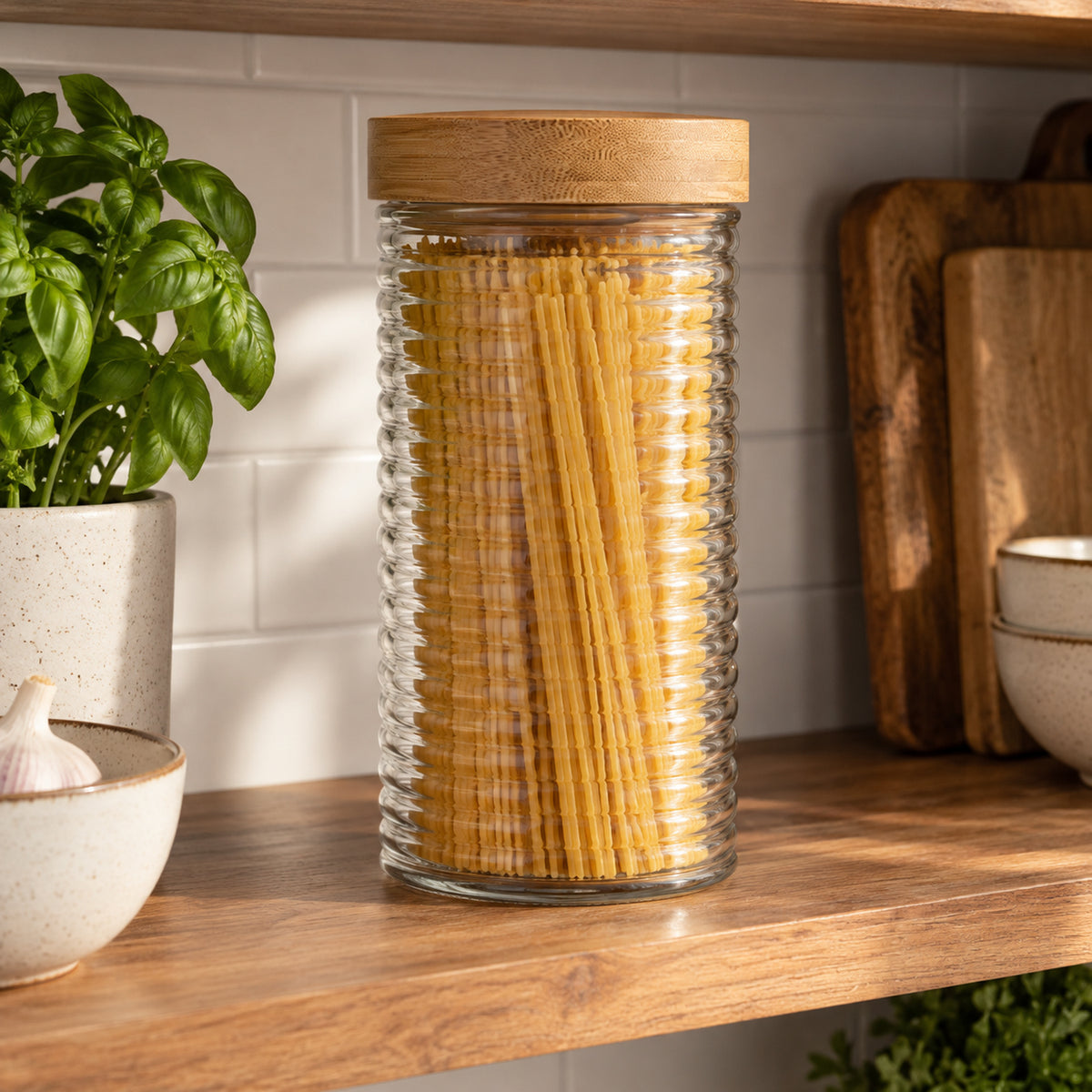 JS Gourmet Récipient en verre gaufré avec couvercle en bambou à torsion, 1,7 L - Lot de 3 - Simple Boutique