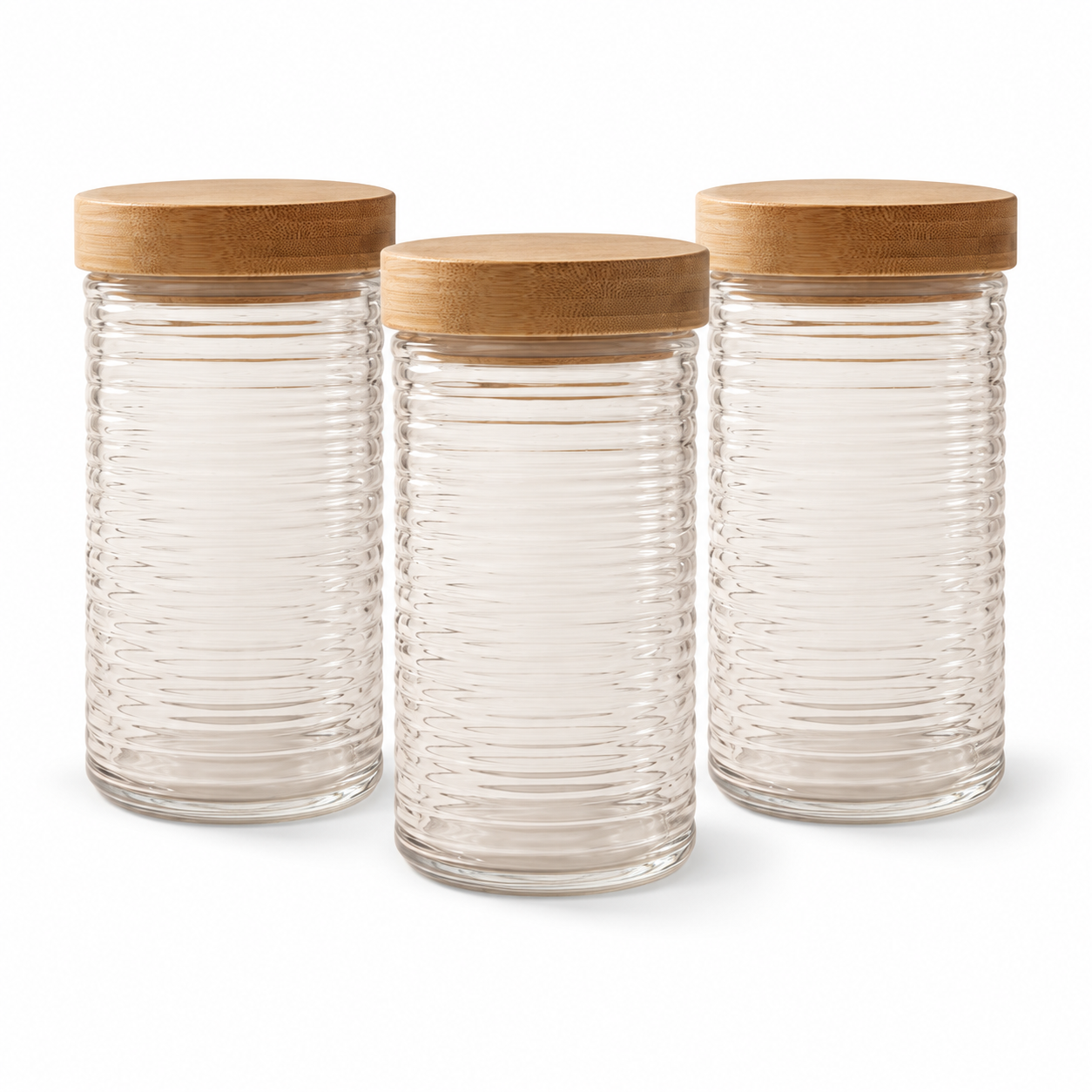 Récipient en verre gaufré avec couvercle en bambou à torsion, 1,7 L — Lot de 3