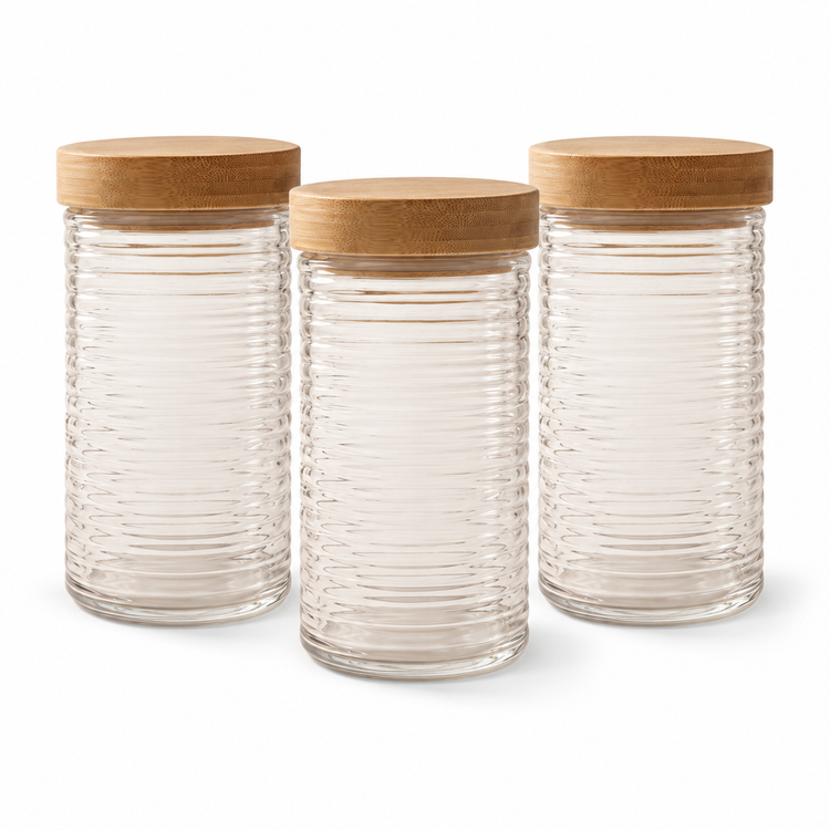 Récipient en verre gaufré avec couvercle en bambou à torsion, 1,7 L — Lot de 3