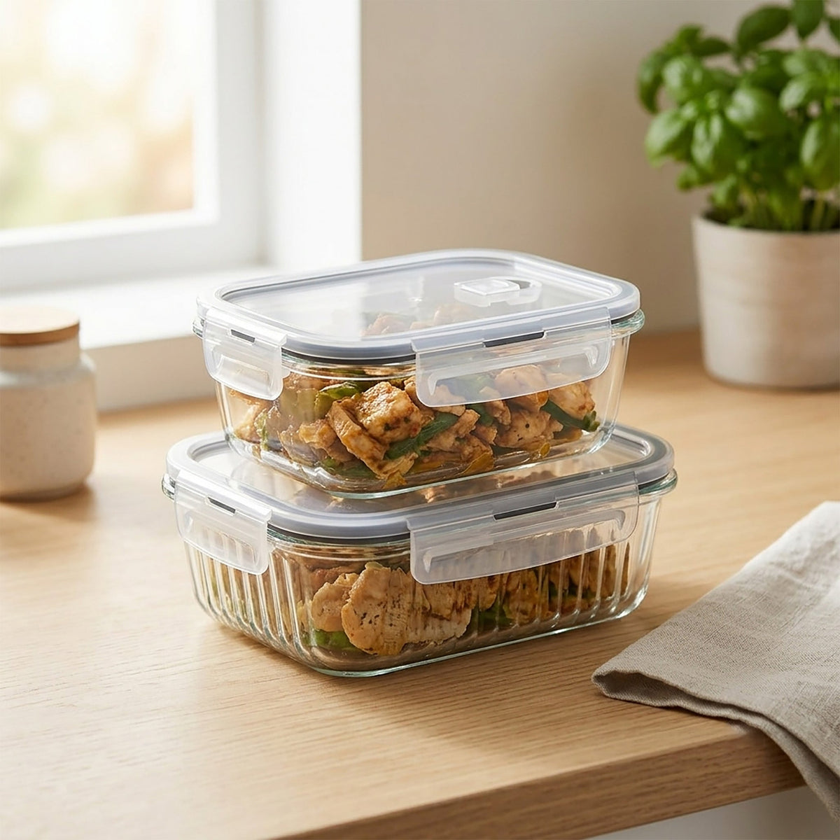 JS Gourmet Récipients alimentaires en verre borosilicate avec couvercles à évent, 1520 ml et 1040 ml - Lot de 2 - Simple Boutique