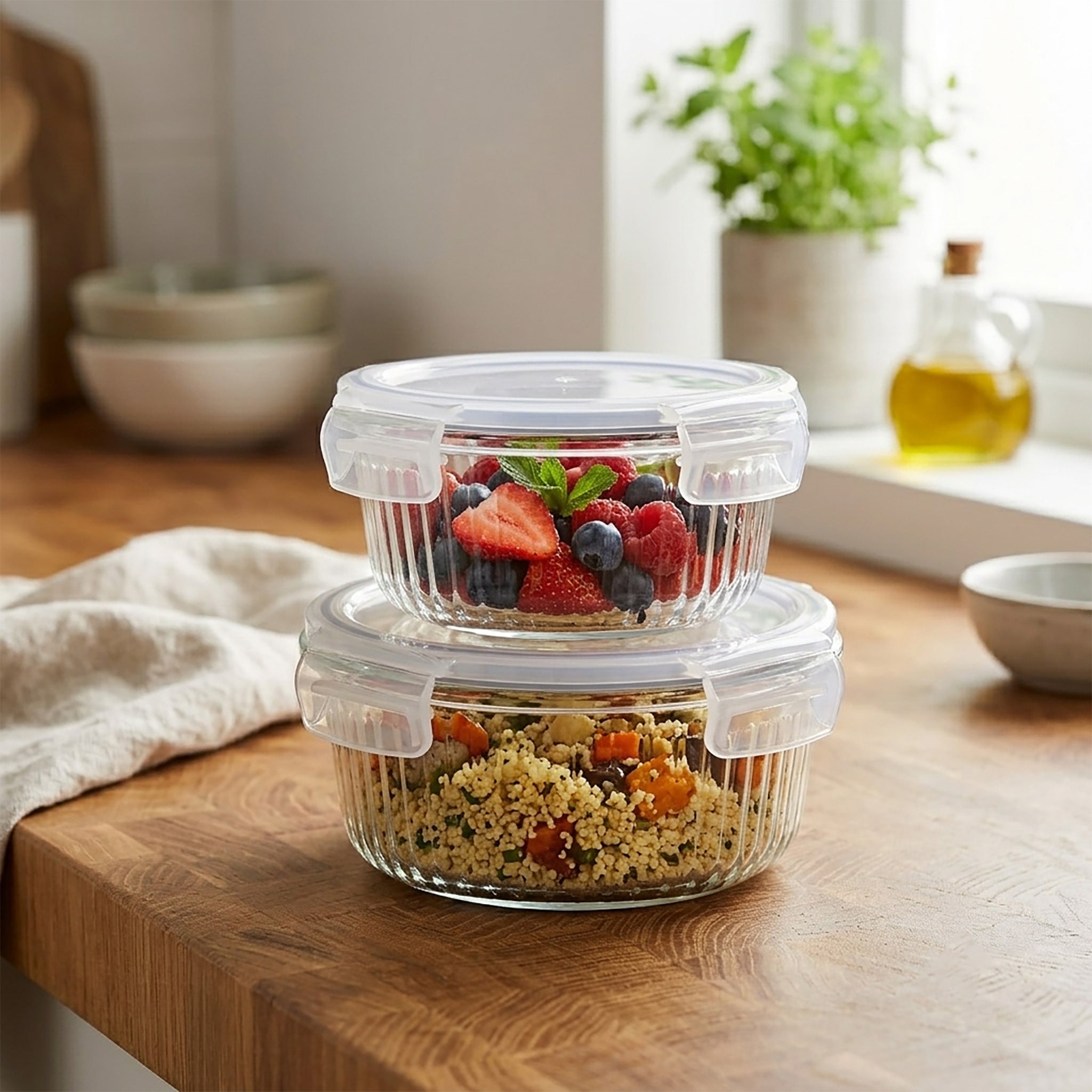 JS Gourmet Récipients alimentaires ronds en verre borosilicate avec couvercles à évent, 620 ml et 950 ml - Lot de 2 - Simple Boutique