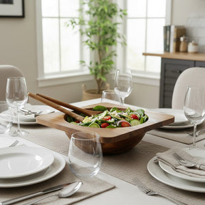 JS Gourmet Service à salade 3 pièces en bois d'acacia de qualité supérieure avec cuillère et fourchette de service - Simple Boutique