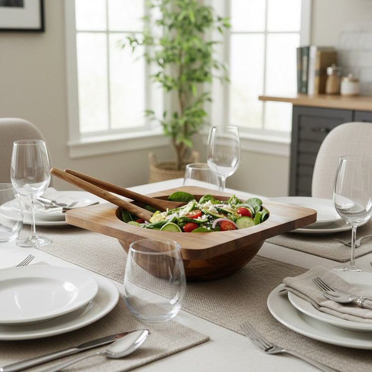 JS Gourmet Service à salade 3 pièces en bois d'acacia de qualité supérieure avec cuillère et fourchette de service - Simple Boutique