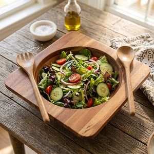 JS Gourmet Service à salade 3 pièces en bois d'acacia de qualité supérieure avec cuillère et fourchette de service - Simple Boutique