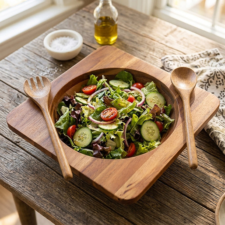 JS Gourmet Service à salade 3 pièces en bois d'acacia de qualité supérieure avec cuillère et fourchette de service - Simple Boutique