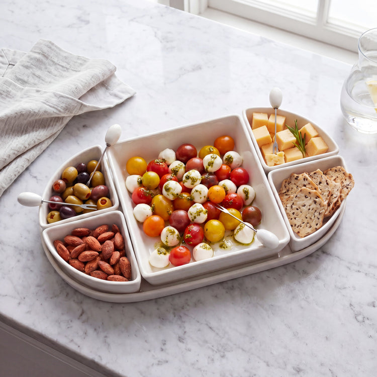 JS Gourmet Service de présentation en céramique blanche 6 pièces avec plateau et 4 piques - Simple Boutique