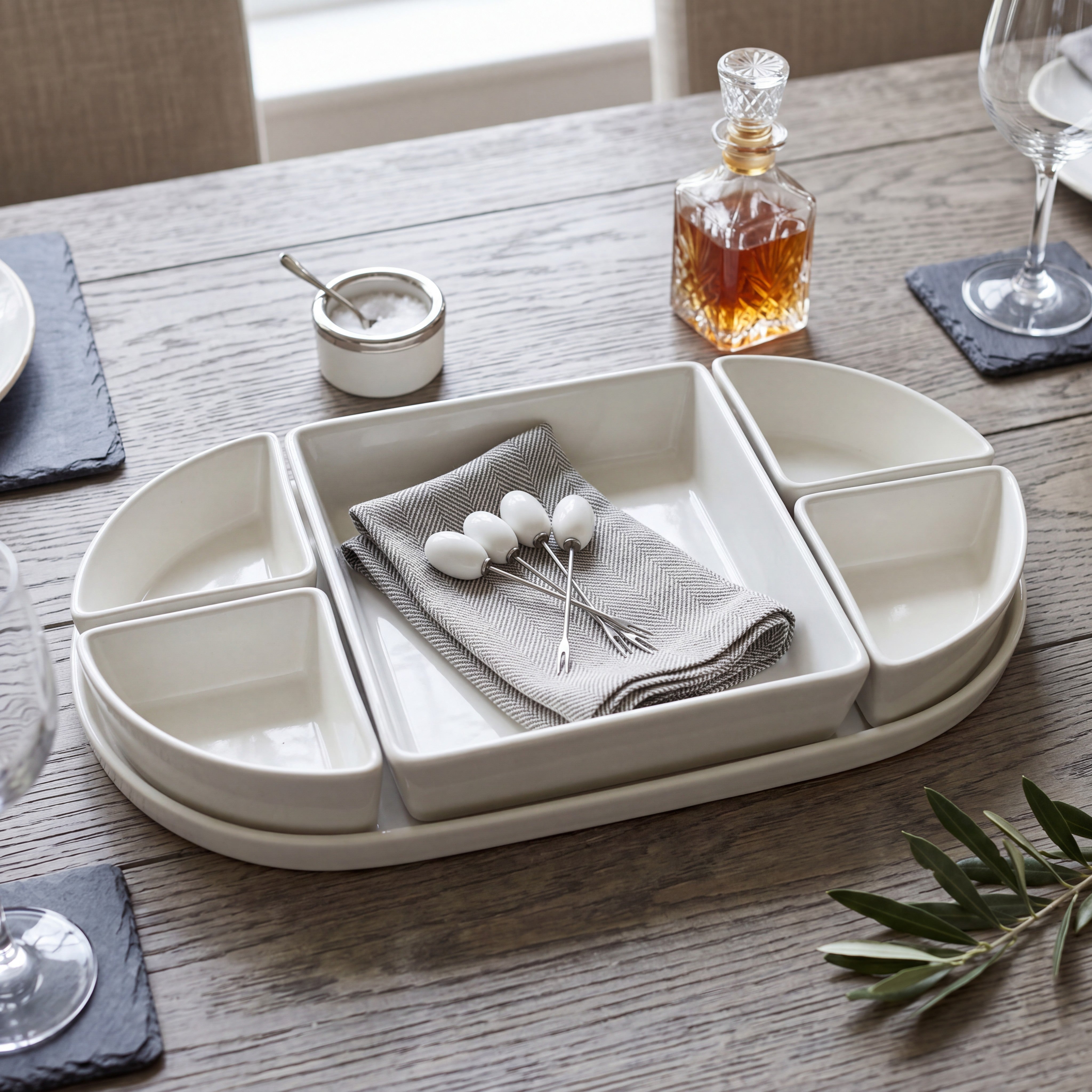 JS Gourmet Service de présentation en céramique blanche 6 pièces avec plateau et 4 piques - Simple Boutique