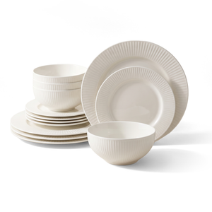 JS Gourmet Service de vaisselle 12 pièces en porcelaine fine gaufrée « Hilary » - Blanc - Simple Boutique