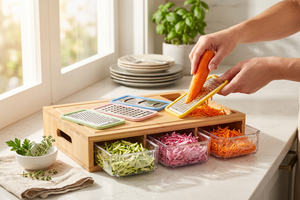 JS Gourmet Station de préparation alimentaire multifonctionnelle et planche à découper en bambou avec 4 bacs - Simple Boutique