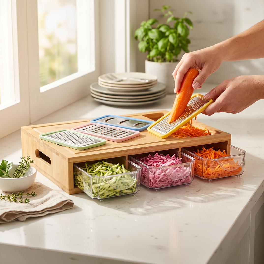 JS Gourmet Station de préparation alimentaire multifonctionnelle et planche à découper en bambou avec 4 bacs - Simple Boutique