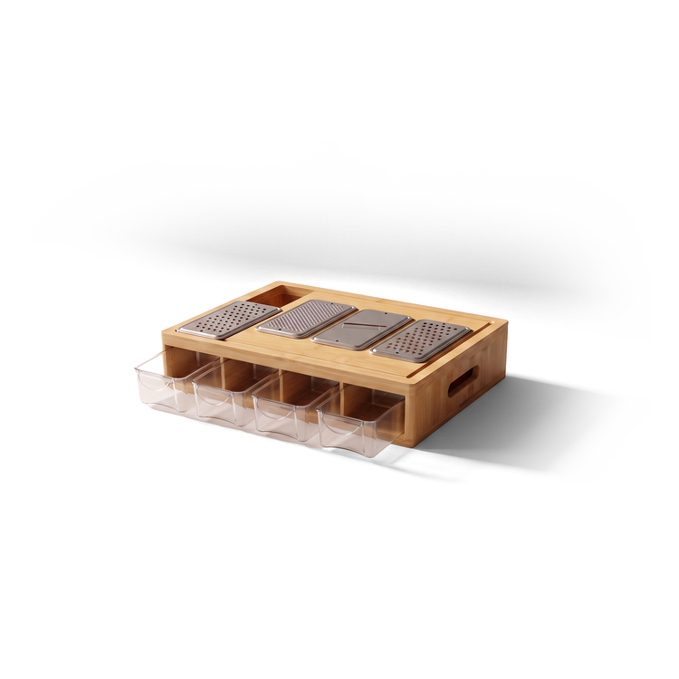 JS Gourmet Station de préparation alimentaire multifonctionnelle et planche à découper en bambou avec 4 bacs - Simple Boutique