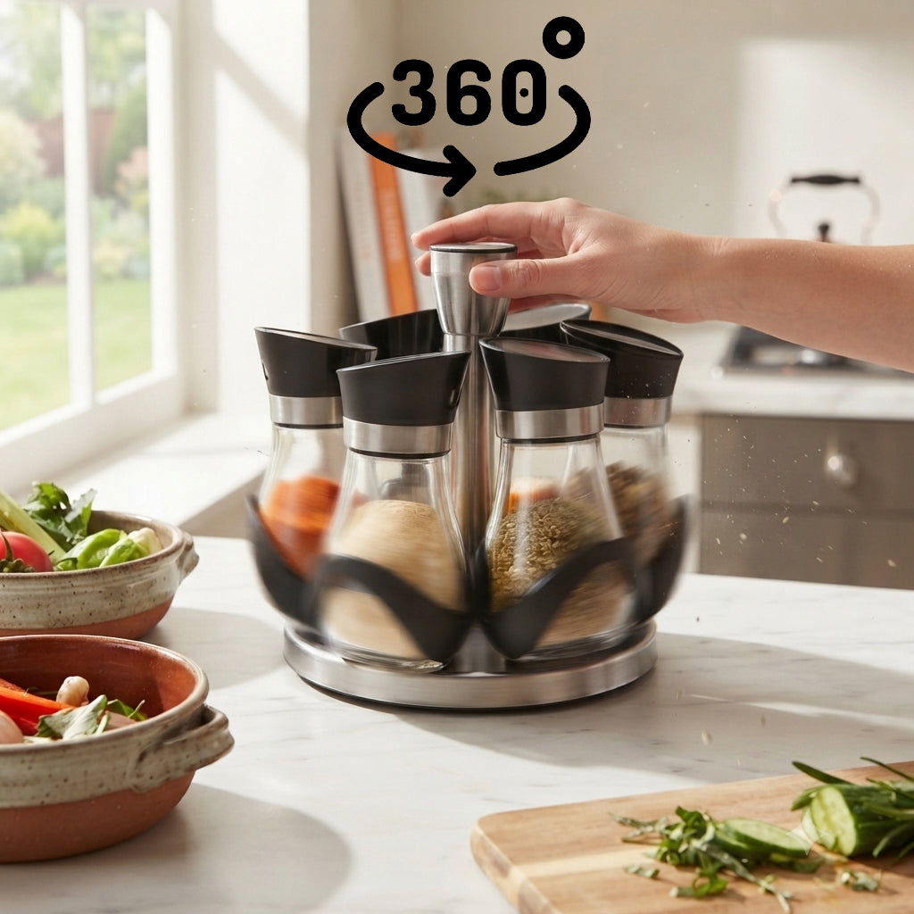 JS Gourmet Support à épices rotatif avec 6 pots en verre - rotation à 360° - Simple Boutique