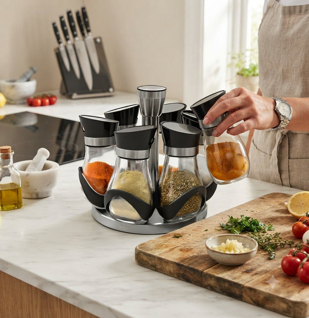 JS Gourmet Support à épices rotatif avec 6 pots en verre - rotation à 360° - Simple Boutique