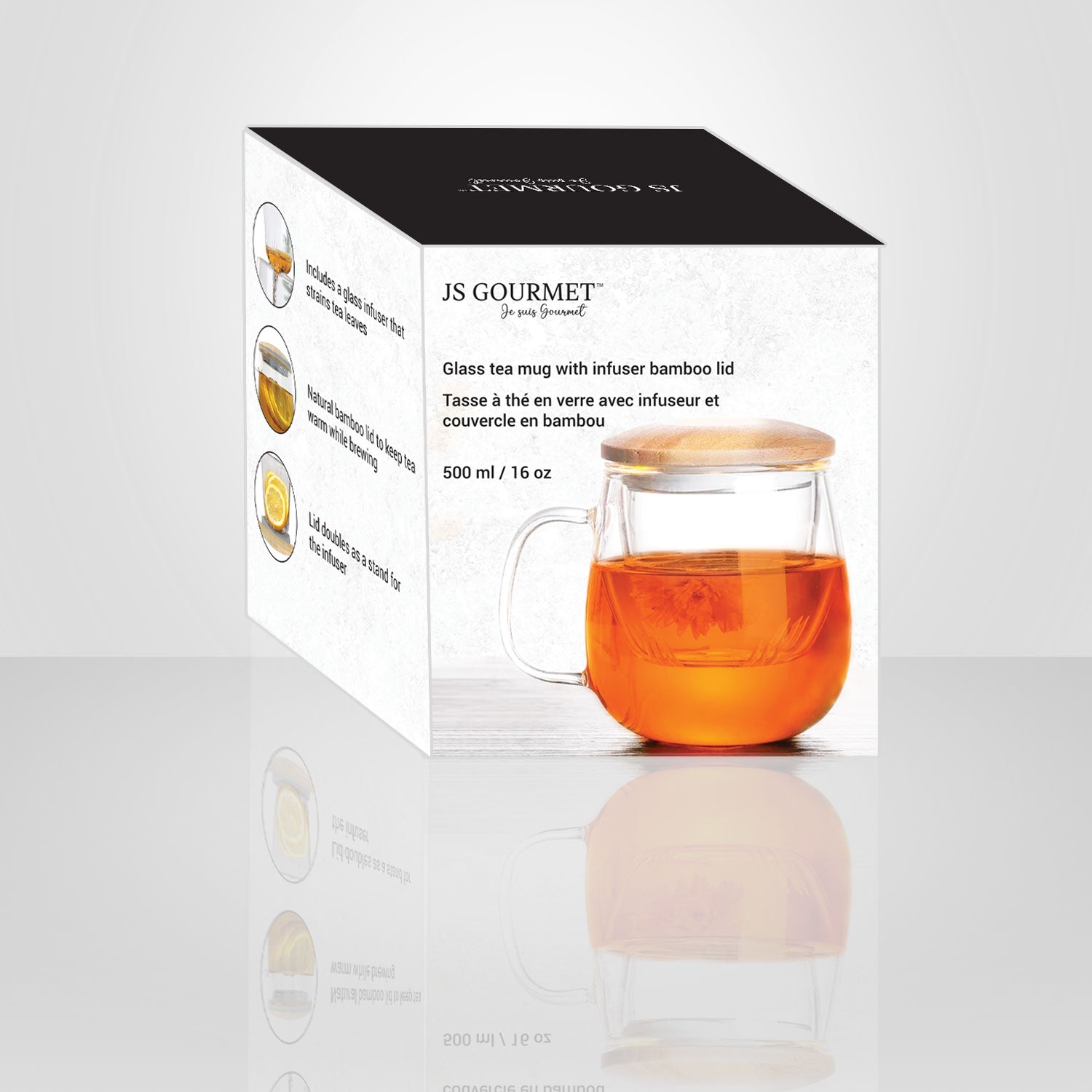 JS Gourmet - Tasse à Thé en Verre avec Infuseur et Couvercle en Bambou, Capacité de 500ml - Simple Boutique