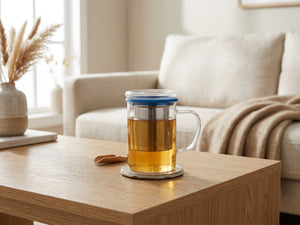 JS Gourmet Tasse à thé en verre à double paroi avec infuseur en acier inoxydable et couvercle en verre, 350 ml — Silicone bleu - Simple Boutique