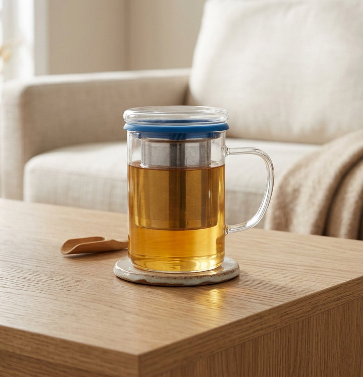 JS Gourmet Tasse à thé en verre à double paroi avec infuseur en acier inoxydable et couvercle en verre, 350 ml — Silicone bleu - Simple Boutique