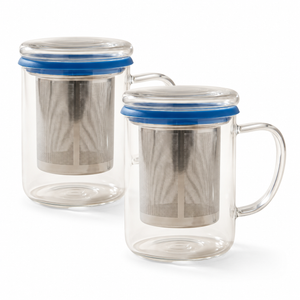 Tasse à thé en verre à double paroi avec infuseur en acier inoxydable et couvercle en verre, 350 ml — Silicone bleu — Lot de 2