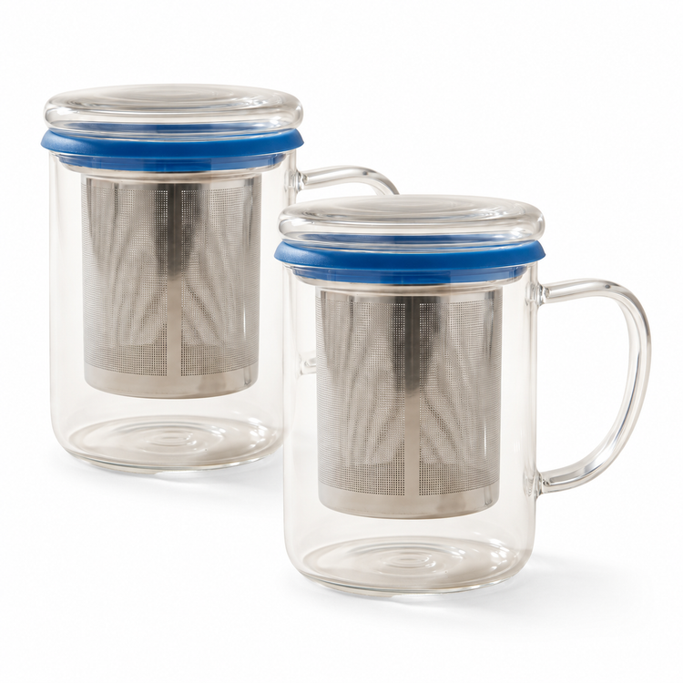 Tasse à thé en verre à double paroi avec infuseur en acier inoxydable et couvercle en verre, 350 ml — Silicone bleu — Lot de 2
