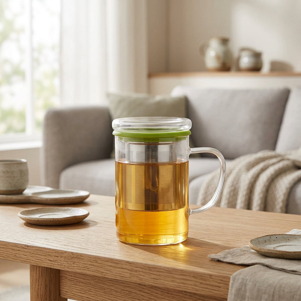 JS Gourmet Tasse à thé en verre à double paroi avec infuseur en acier inoxydable et couvercle en verre, 350 ml - silicone vert - Lot de 2 - Simple Boutique