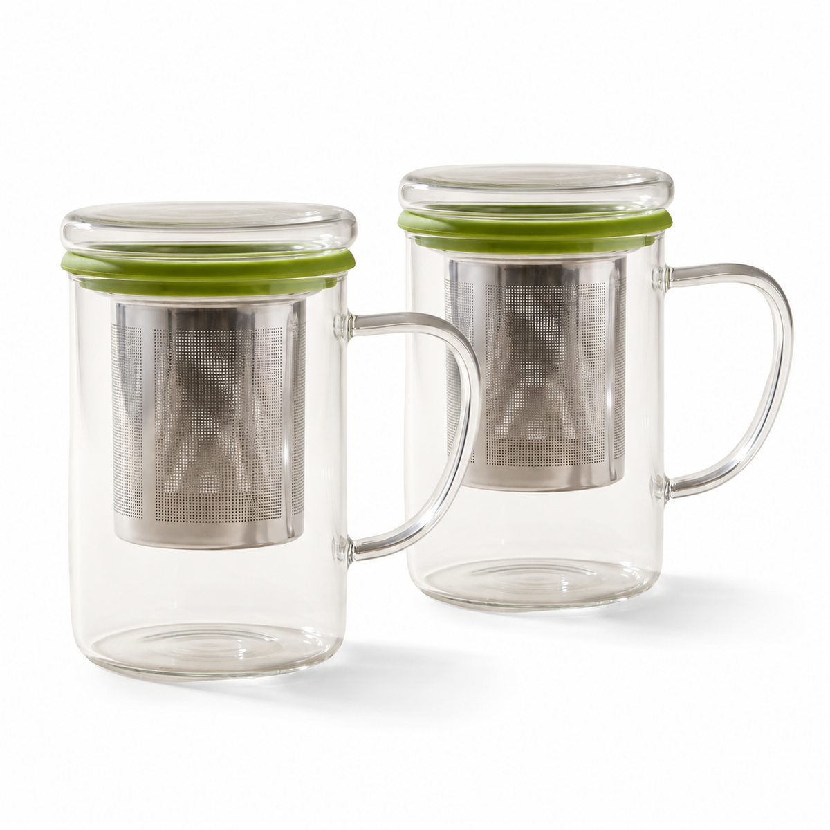 Tasse à thé en verre à double paroi avec infuseur en acier inoxydable et couvercle en verre, 350 ml — silicone vert — Lot de 2
