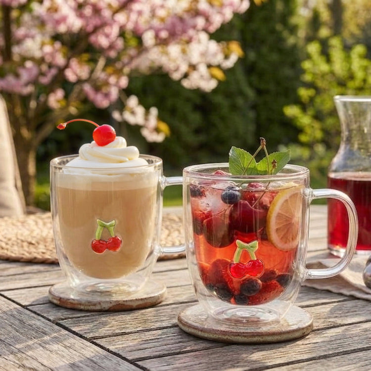 JS Gourmet Tasses à double paroi avec motif cerise 3D, 300 ml — Lot de 2 - Simple Boutique