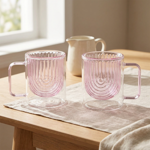 JS Gourmet Tasses en Verre Double Paroi Arch-Grain avec Anse, Lot de 2 (Rose) - Simple Boutique