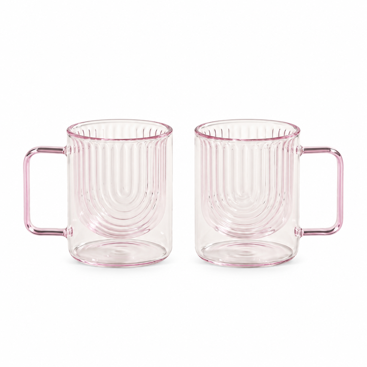 JS Gourmet Tasses en Verre Double Paroi Arch-Grain avec Anse, Rose - Lot de 2 - Simple Boutique