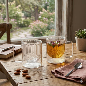 JS Gourmet Tasses en verre à double paroi, à anse, à motif grain de bois, lot de 2 (transparent) - Simple Boutique
