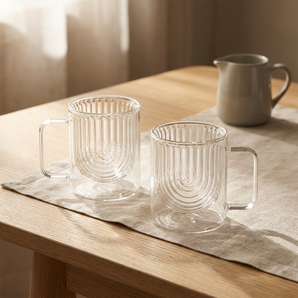 JS Gourmet Tasses en verre à double paroi, à anse, à motif grain de bois, lot de 2 (transparent) - Simple Boutique