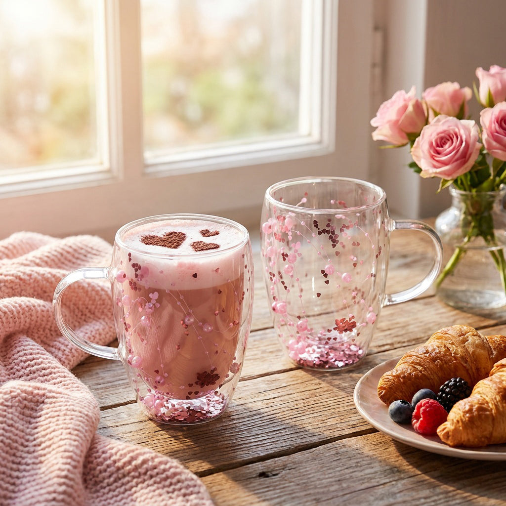 JS Gourmet Tasses en verre à double paroi avec collier de perles flottant — Lot de 2 - Simple Boutique