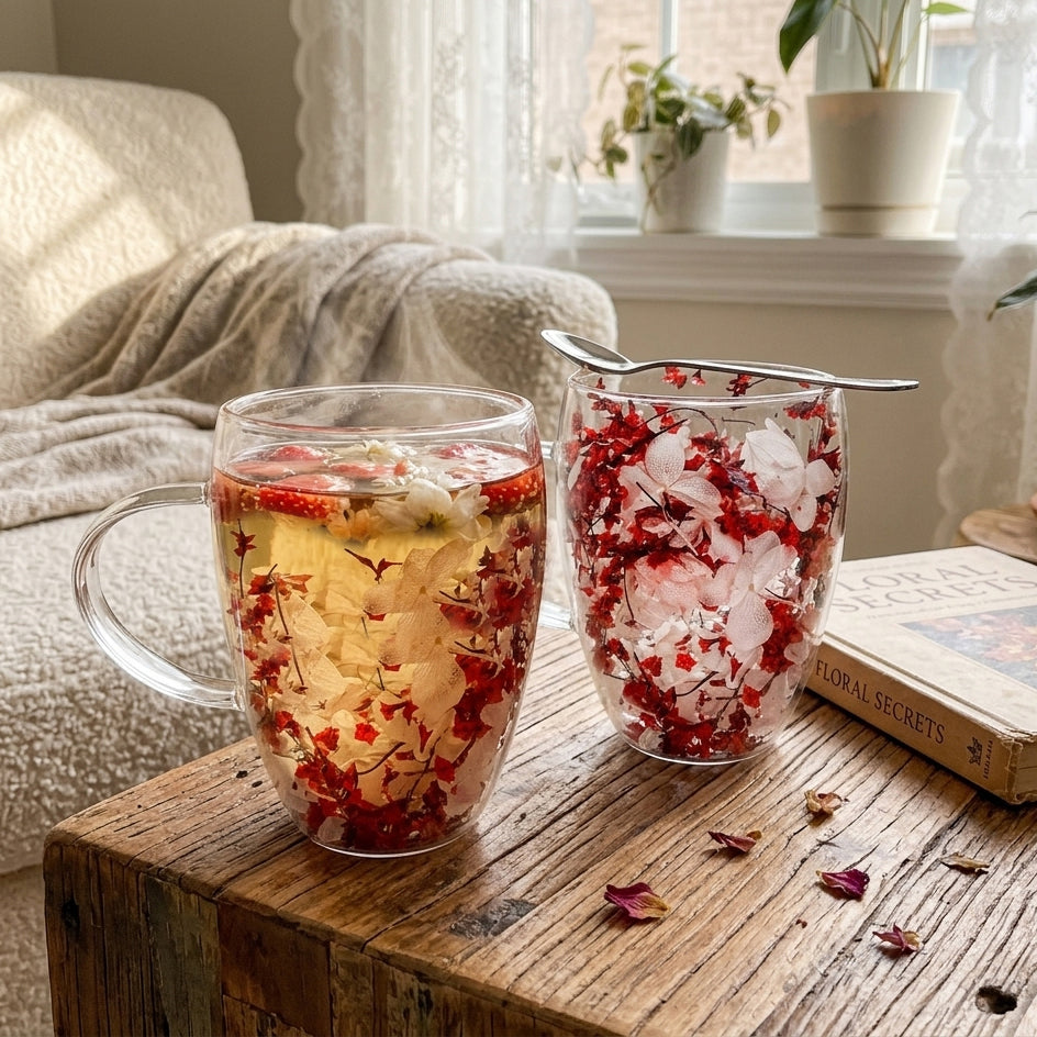JS Gourmet Tasses en verre à double paroi avec fleurs séchées flottantes — Lot de 2 - Simple Boutique