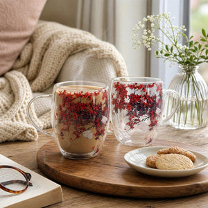 JS Gourmet Tasses en verre à double paroi avec fleurs séchées flottantes, lot de 2 (350 ml) - Simple Boutique
