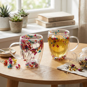 JS Gourmet Tasses en verre à double paroi avec fleurs séchées flottantes, lot de 2 (350 ml) - Simple Boutique