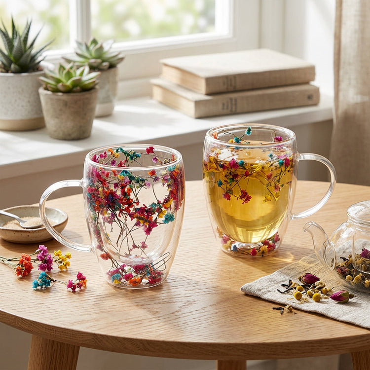 JS Gourmet Tasses en verre à double paroi avec fleurs séchées flottantes, lot de 2 (350 ml) - Simple Boutique