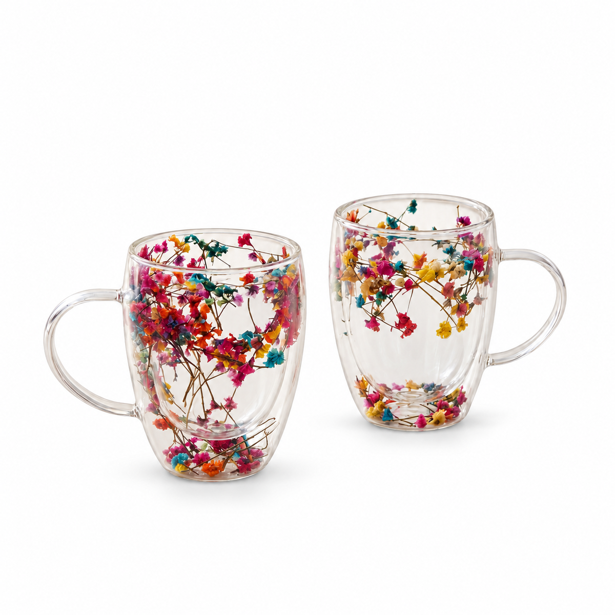 JS Gourmet Tasses en verre à double paroi avec fleurs séchées flottantes multicolores, 350 ml - Lot de 2 - Simple Boutique