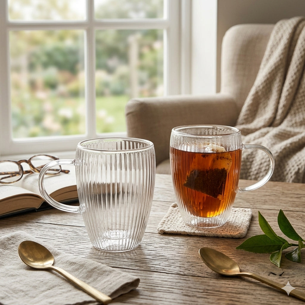 JS Gourmet Tasses en verre à double paroi avec motif en relief cannelé — Lot de 2, 350 ml - Simple Boutique