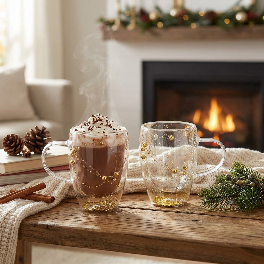 JS Gourmet Tasses en verre à double paroi avec ornements de perles flottants - Lot de 2 - Simple Boutique