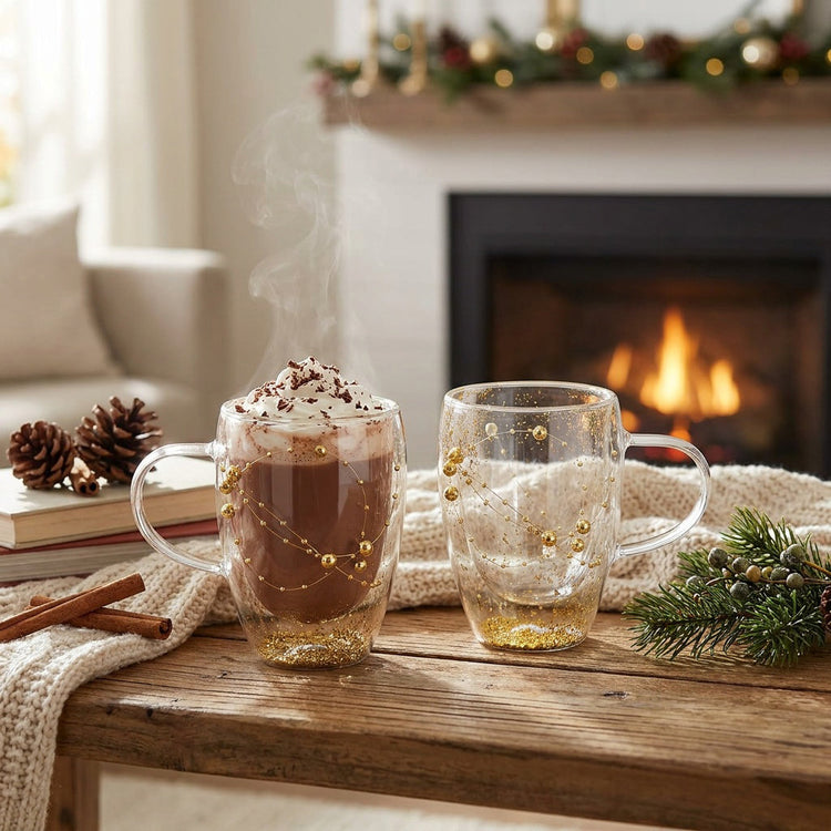 JS Gourmet Tasses en verre à double paroi avec ornements de perles flottants - Lot de 2 - Simple Boutique