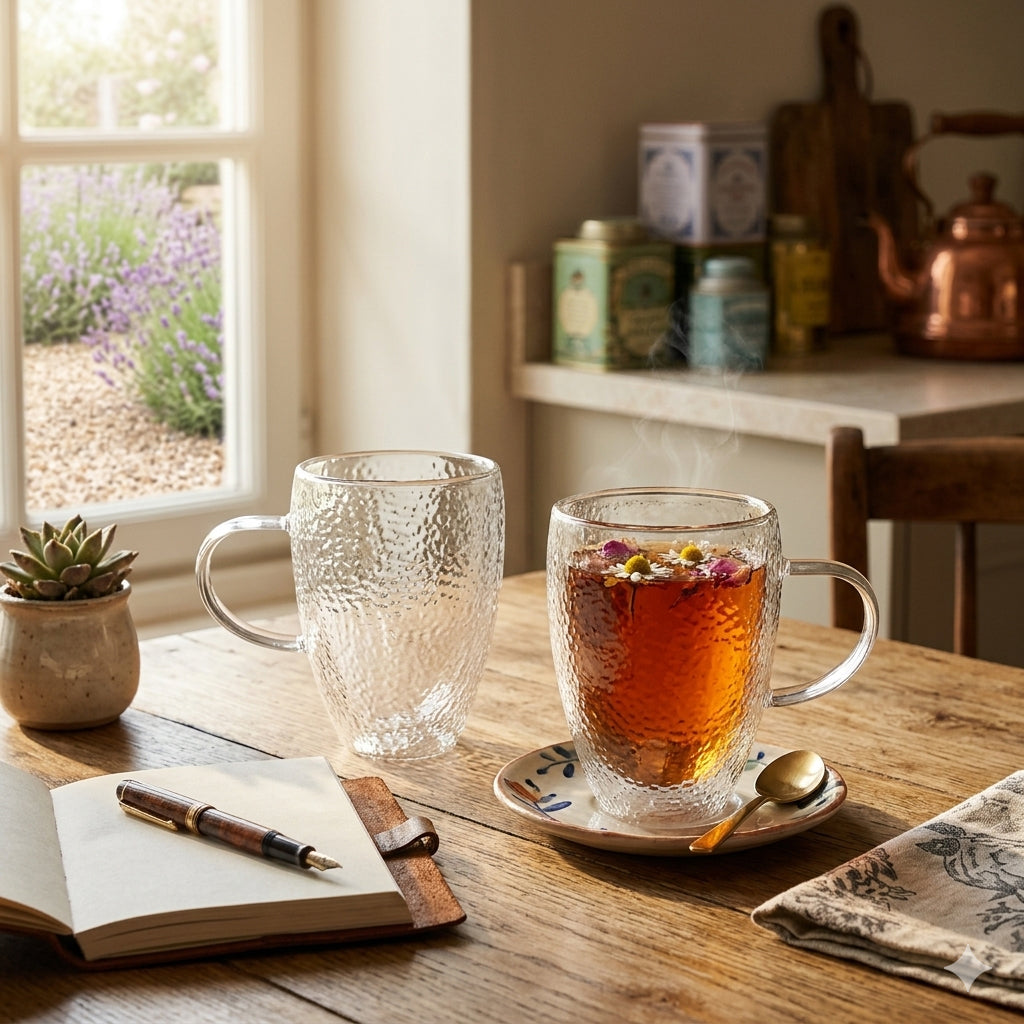 JS Gourmet Tasses en verre à double paroi avec texture martelée — Lot de 2, 350 ml - Simple Boutique